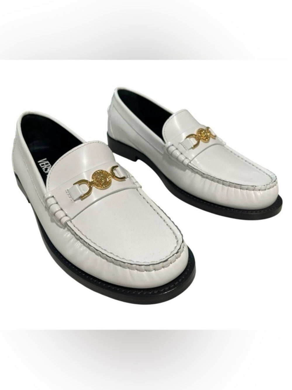 Versace $775 White Leather Loafers Gold Medusa Hardware Size 37.5 7.5